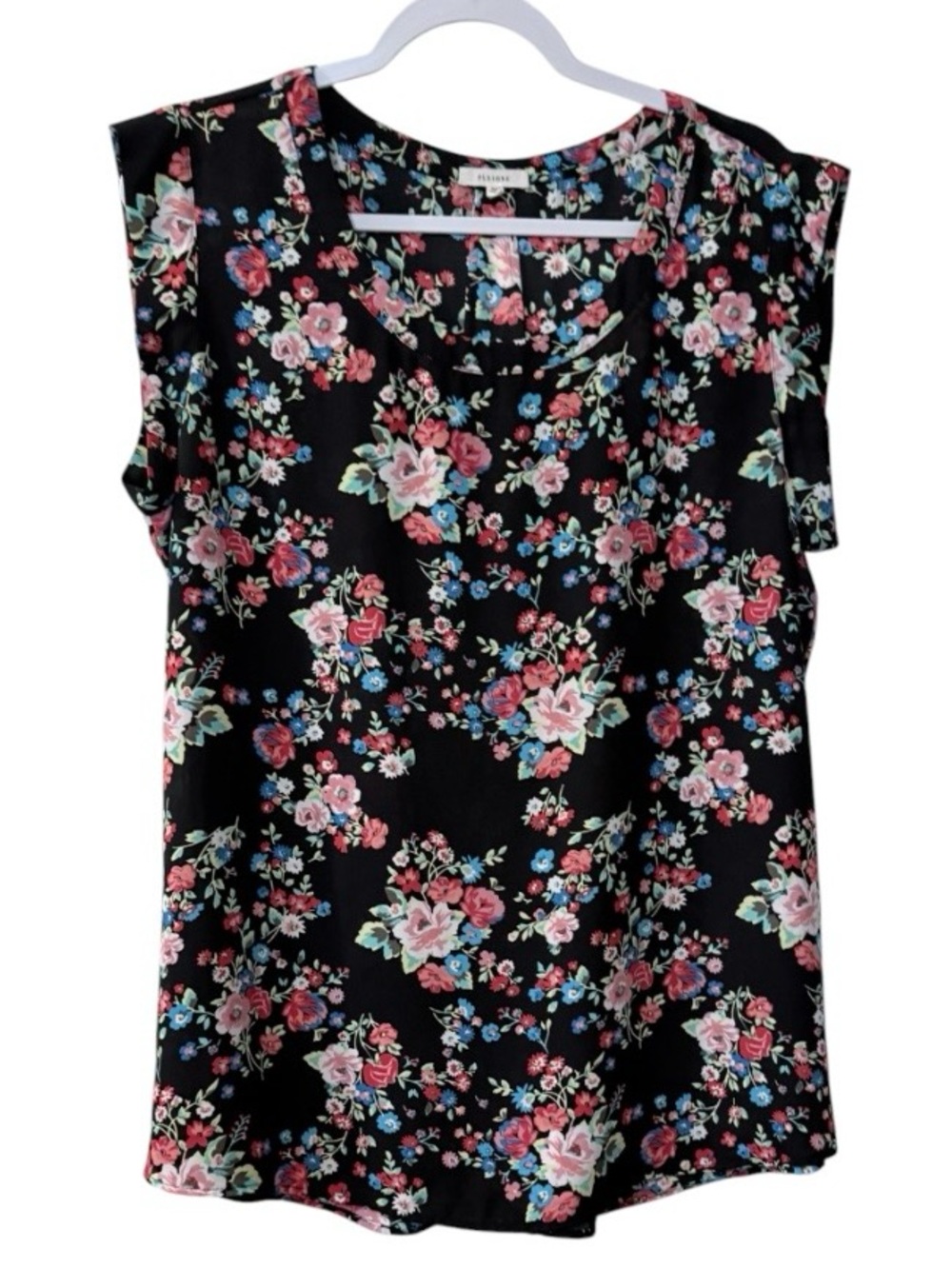 Anthropologie Pleione women’s XL short sleeve floral black flowy blouse